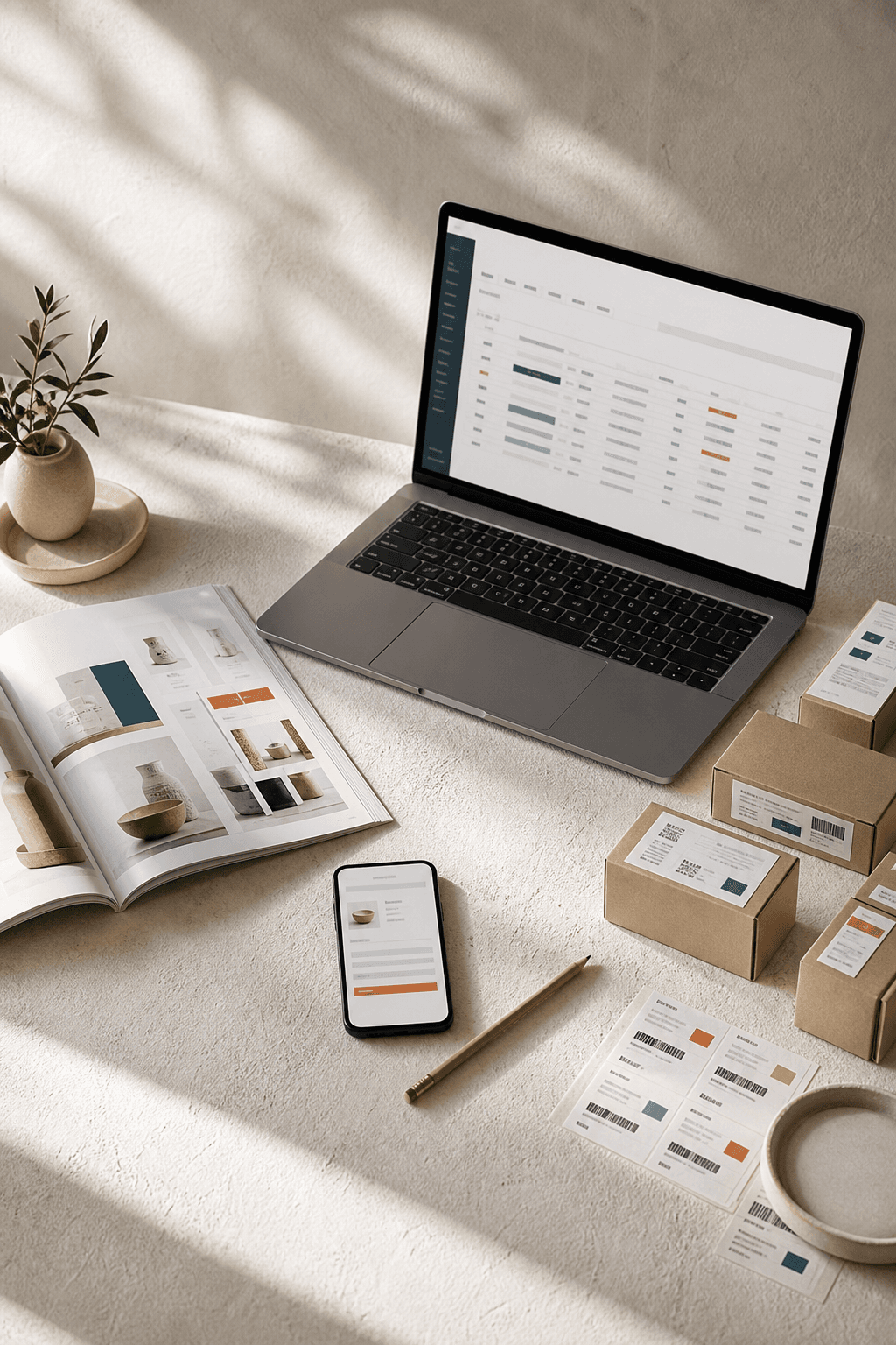 Espacio de trabajo con catálogo de productos, computadora y pedidos organizados