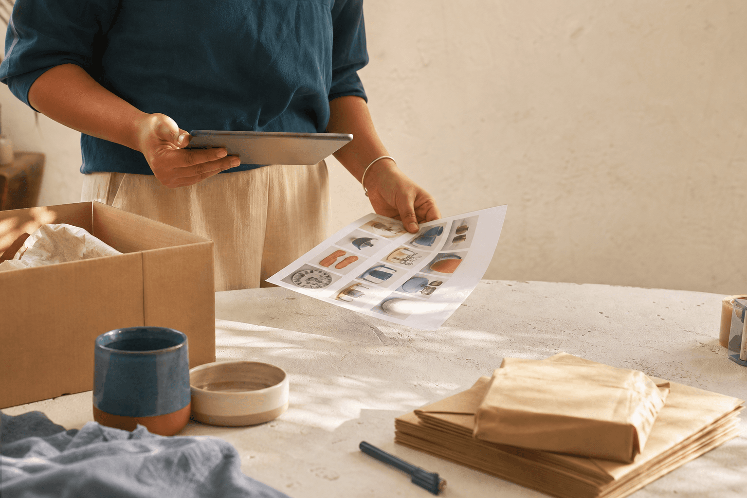 Persona organizando un catálogo de productos y preparando pedidos con una tableta